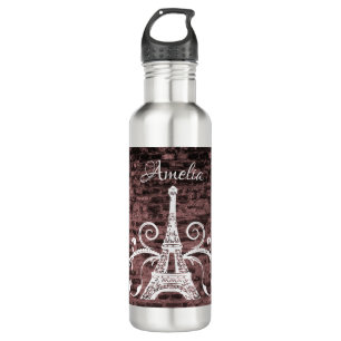 Pink Eiffel Tower Grunge Water Bottle