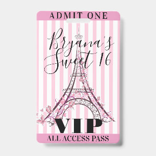 Pink Eiffel Tower Sweet 16 Party VIP Pass Badge