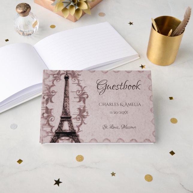 Pink Eiffel Tower Wedding Day Guestbook (Front Open)