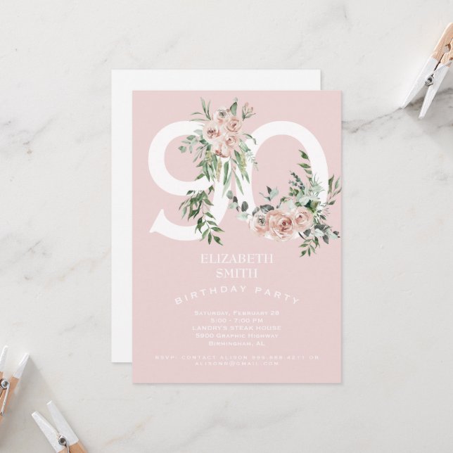 Pink Elegant 90th Birthday Party Invitation (Front/Back In Situ)
