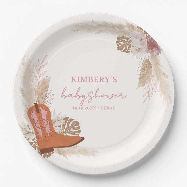 Pink Elegant Boho Cowgirl Boots Pampas Baby Shower Paper Plate (Front)