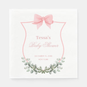 Pink Elegant Bow Eucalyptus Crest Baby Shower Napkin