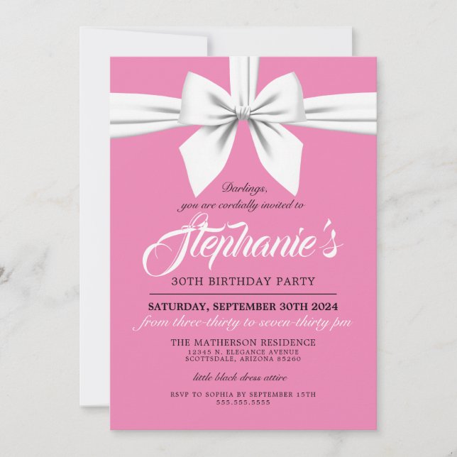 Pink Elegant Bow White Tiffany Birthday Invitation (Front)