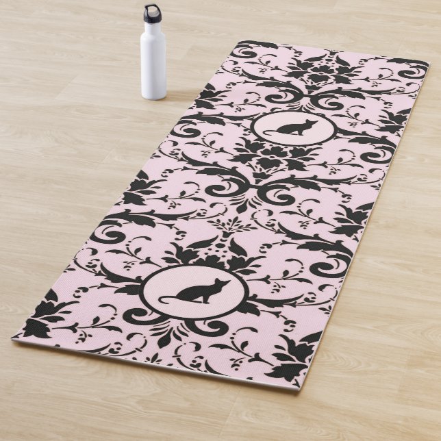 Pink Elegant Cat Damask Pattern Yoga Mat (In Situ)