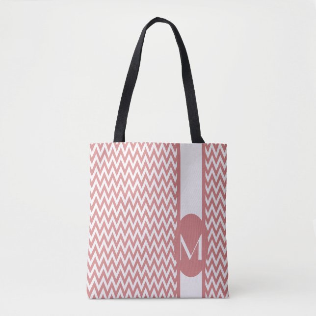 Pink Elegant Chevron Design with monogram Tote Bag (Front)