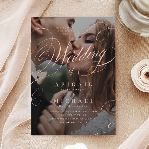 Pink elegant classic calligraphy photo wedding invitation