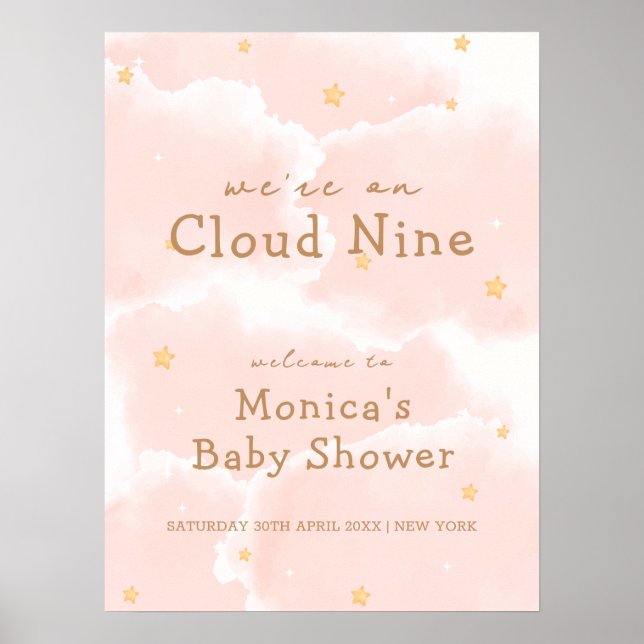 Pink Elegant Cloud Nine Girl Baby Shower Welcome Poster (Front)