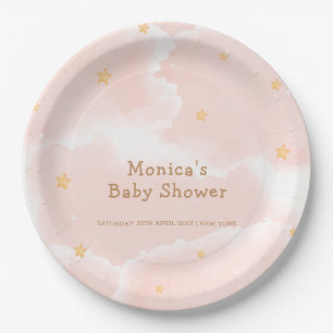 Pink Elegant Cloud Nine Stars Girl Baby Shower  Paper Plate