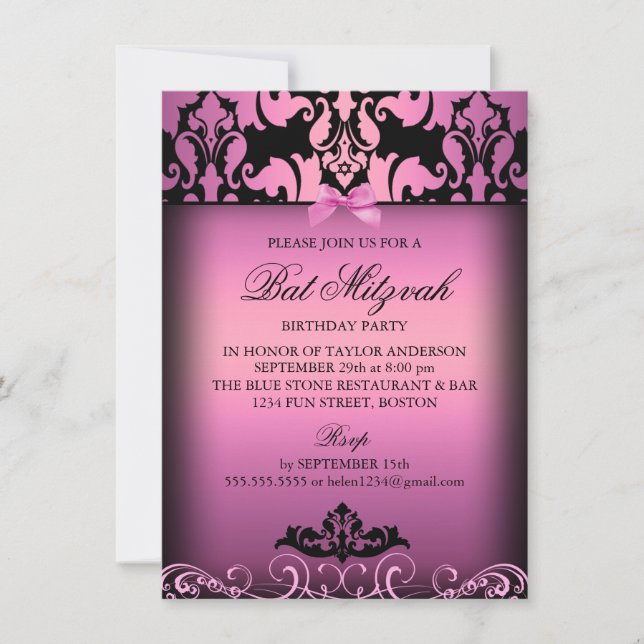 Pink Elegant Damask Bat Mitzvah Party Invitation (Front)
