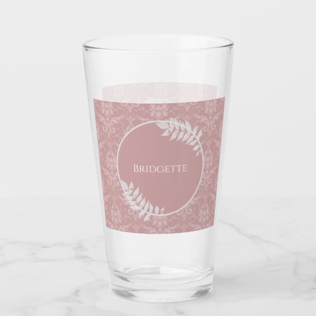Pink Elegant Damask Personalized Glass (Front)