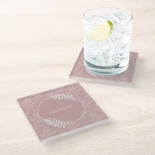 Pink Elegant Damask Personalized Glass Coaster (Angled)