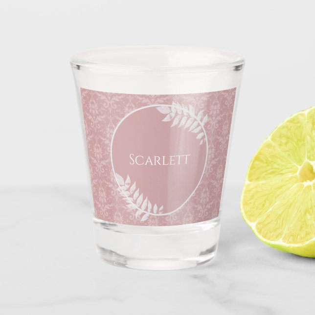 Pink Elegant Damask Personalized Shot Glass (Front)