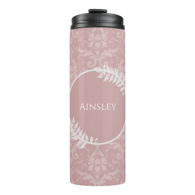 Pink Elegant Damask Personalized Thermal Tumbler (Front)