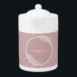 Pink Elegant Damask Teapot<br><div class="desc">Enjoy your tea with a Pink Elegant Damask Personalized Teapot. Teapot design features an elegant damask background and space to add your name adorned with delicate foliage. Additional gift items available with this design as well as a variety of colours.</div>