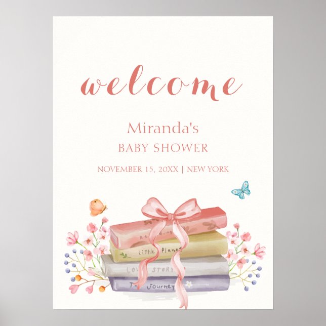 Pink Elegant Floral Bow Book Baby Shower Welcome Poster (Front)