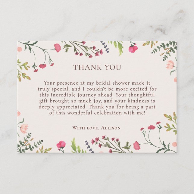 Pink Elegant Floral Green Bridal Shower Thank You Enclosure Card (Front)