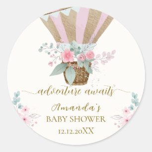 Pink Elegant Floral Hot Air Balloon Baby Shower Classic Round Sticker