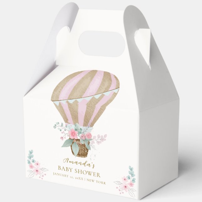 Pink Elegant Floral Hot Air Balloon Baby Shower  Favor Box (Back)