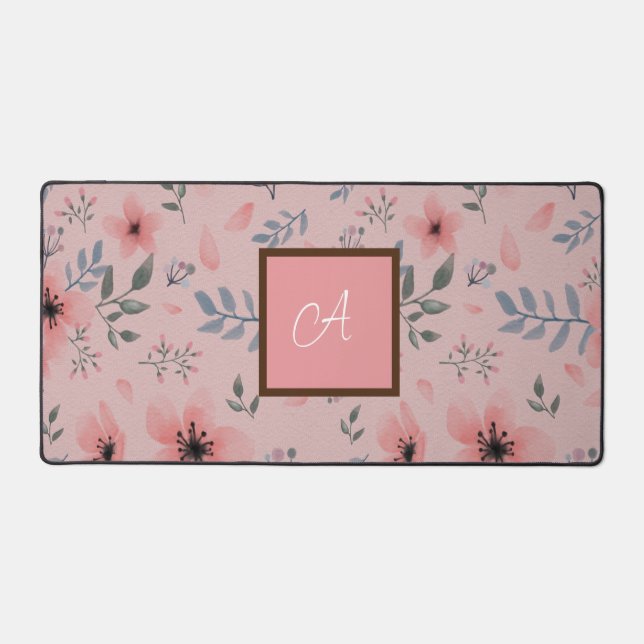Pink Elegant Flower Boho Monogram Desk Mat (Front)