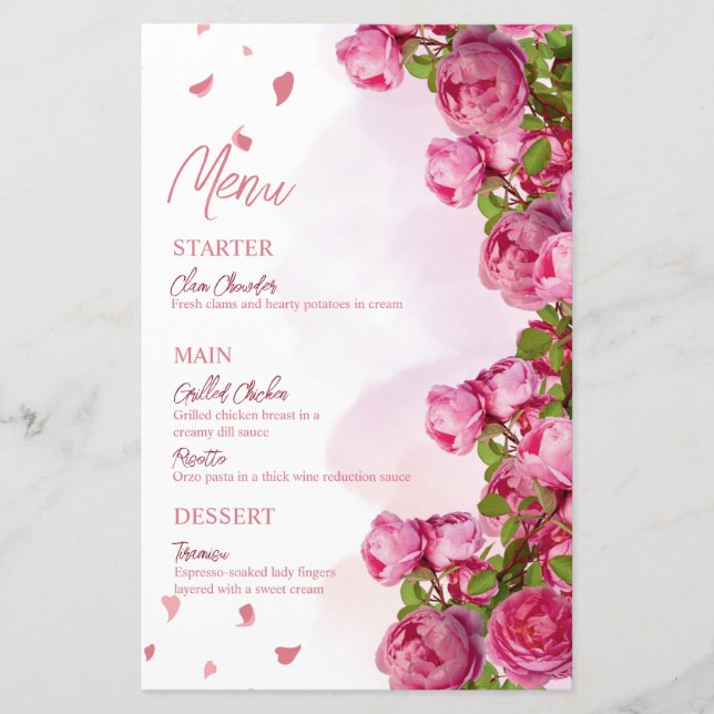 Pink Elegant Flowers Wedding Menus (Front)