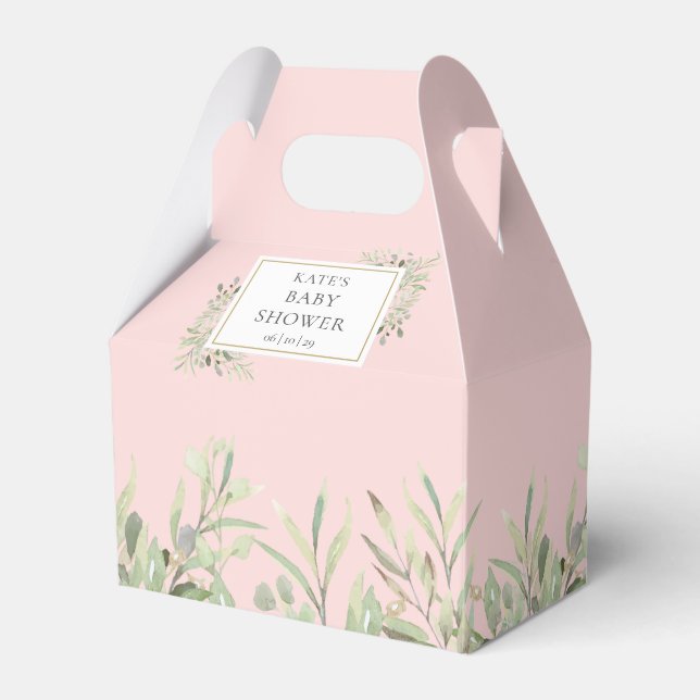 Pink Elegant Greenery Baby Shower  Favor Box (Front Side)