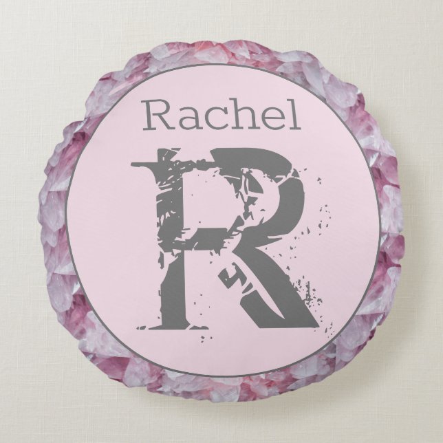 Pink Elegant Modern Name Monogram Template Round Pillow (Front)