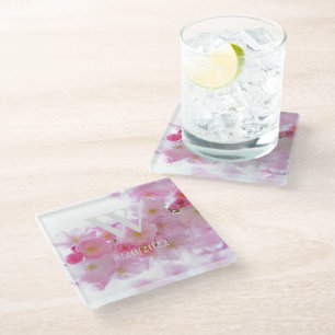 Pink Elegant Monogram Cherry Blossom Glass Coaster