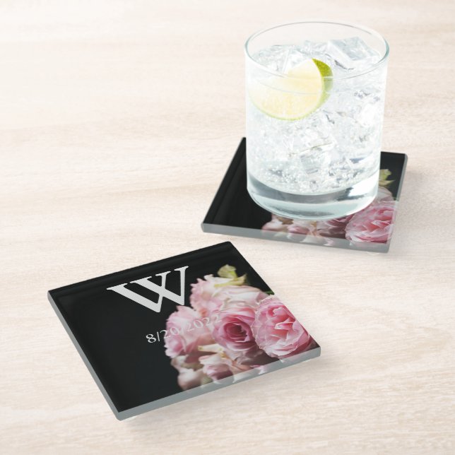 Pink Elegant Monogram Floral Glass Coaster (Angled)
