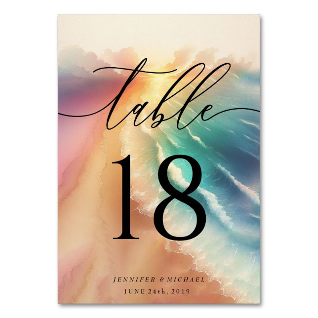 Pink Elegant Ocean Beach Summer Watercolor Table Table Number (Front)