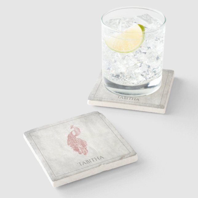Pink Elegant Peacock Personalized  Stone Coaster (Side)