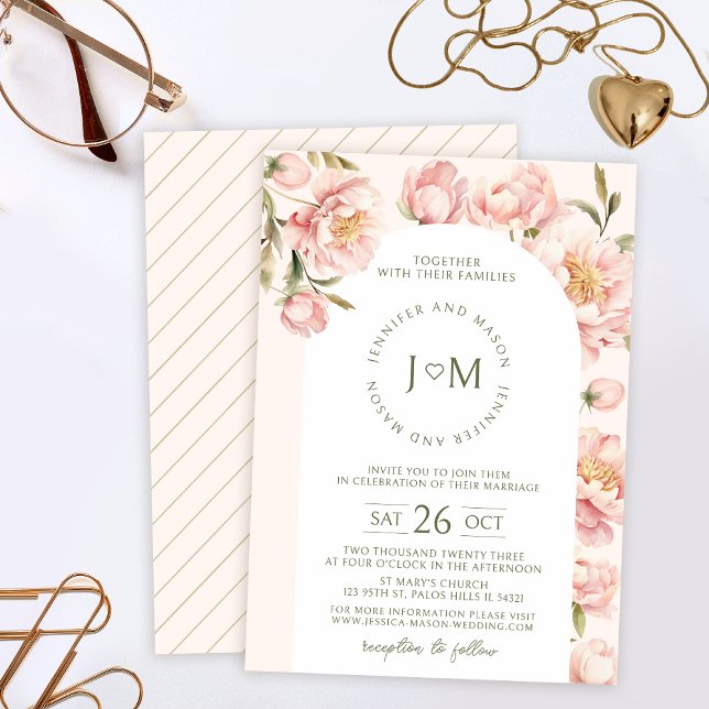 Pink elegant peonies blossom arch wedding invitation (Creator Uploaded)