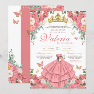 Pink Elegant Princess Butterfly Rose Quinceanera Invitation