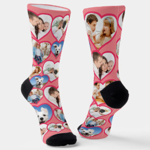 Pink Elegant Red Heart Pattern 5 Photo Collage Socks