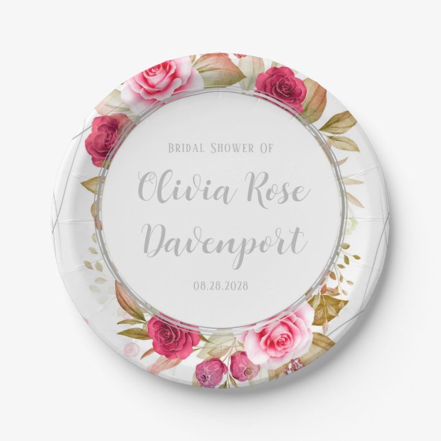Pink Elegant Roses Geometric Custom Bridal Shower Paper Plate (Front)
