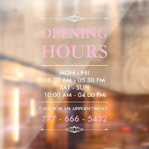 Pink Elegant Small Business Opening Hours Number Window Cling