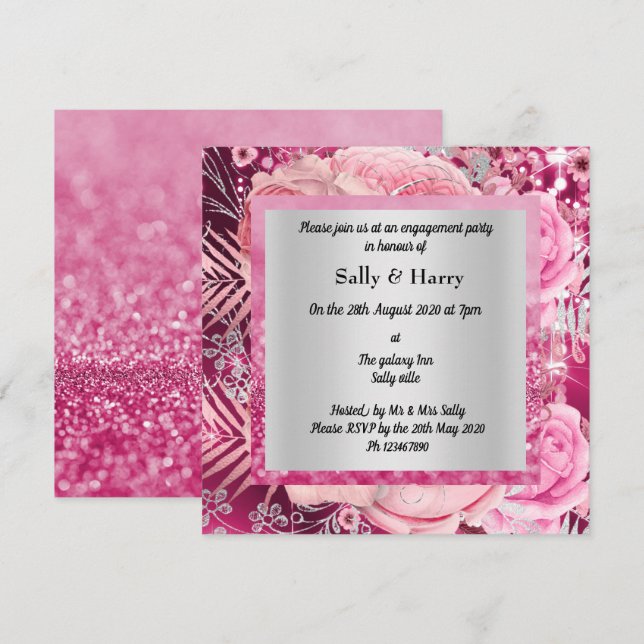 Pink Elegant Sparkle Bouquet engagement invitation (Front/Back)