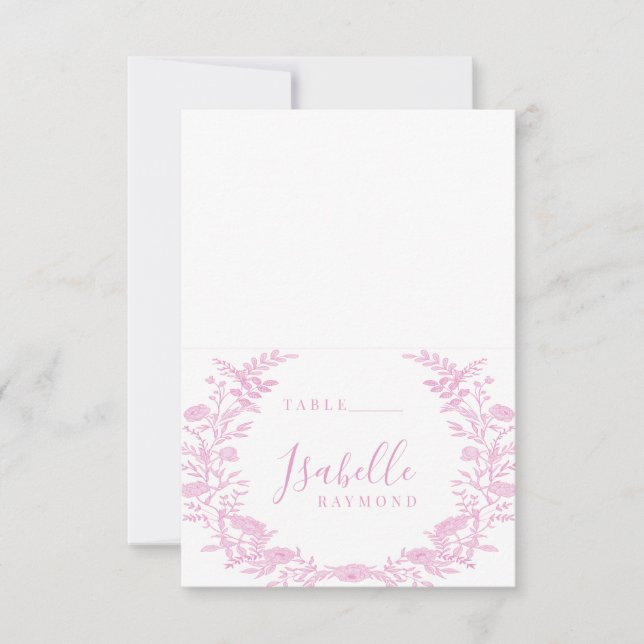 Pink elegant toile flower wedding place cards (Front)