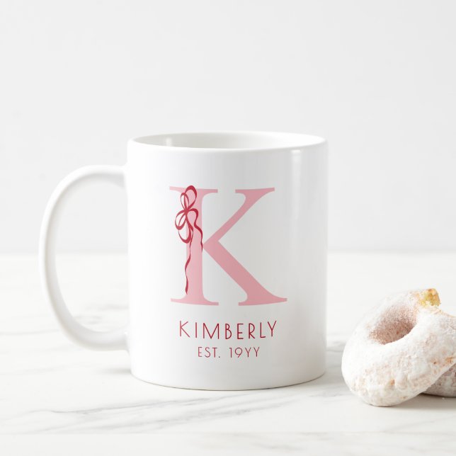 Pink Elegant Typography Cute Bow Feminine Monogram Coffee Mug (With Donut)