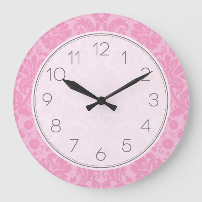 Pink Elegant Vintage Damask Large Clock (Front)