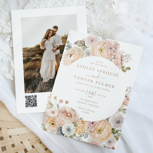 Pink Elegant Vintage Floral QR Code Photo Wedding Invitation (Creator Uploaded)
