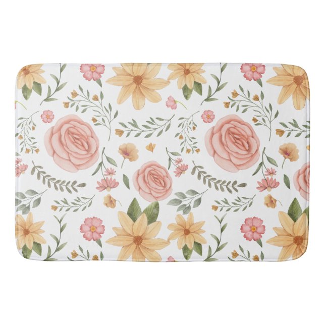 Pink Elegant Vintage Wildflower Rose Pattern  Bath Mat (Front)