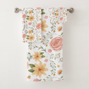 Pink Elegant Vintage Wildflower Rose Pattern  Bath Towel Set