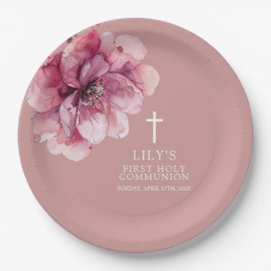 Pink Elegant Watercolor Floral Holy Communion Paper Plate