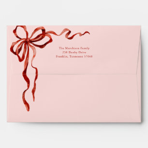 Pink Elegant Watercolor Red Bow Christmas Holiday Envelope