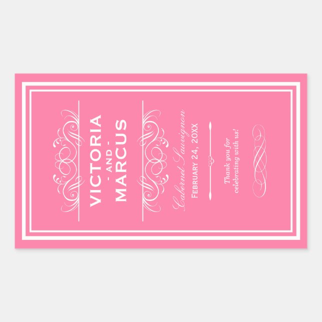 Pink Elegant Wedding Monogram Wine Bottle Sticker (Front)