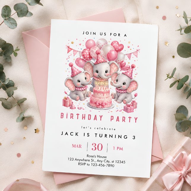 Pink Elephant 3rd Birthday Invitation (Creator Uploaded)