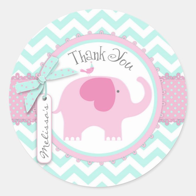 Pink Elephant and Chevron Print Baby Shower Classic Round Sticker (Front)