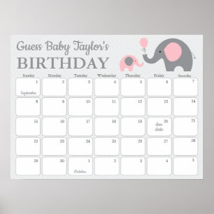 Pink Elephant Baby Birthday Prediction Calendar Poster