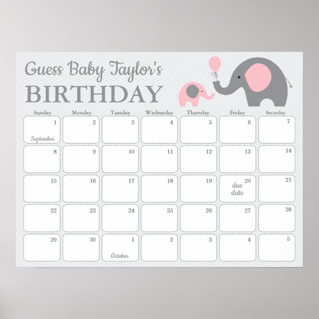 Pink Elephant Baby Birthday Prediction Calendar Poster (Front)