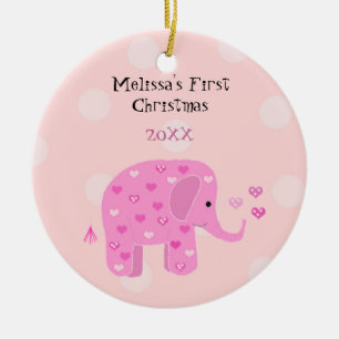 Pink Elephant Baby First Christmas Ceramic Ornament